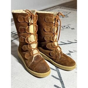 VTG 70s Winter Boots Brown Suede Shearling Lace Up Size 10 Apres Ski Made in USA